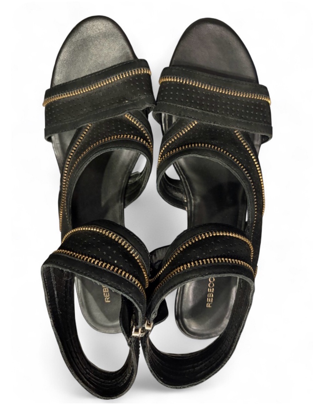 Rebecca Minkoff Black Leather Suede Zip Ankle Strap Sandals Womens Size 10